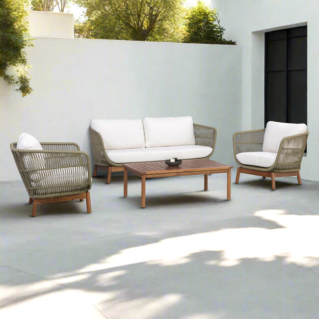 Teamson Home Outdoor Patio Sofa Set with Solid Acacia Base, Matching Table & Rope Accents
