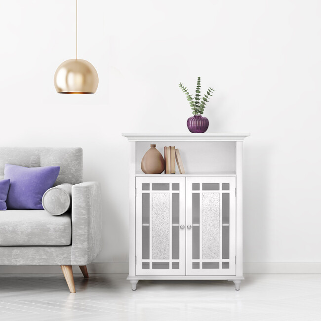 Windsor Wooden Floor Cabinet with Glass Mosaic Doors, White - Cabinets - 3