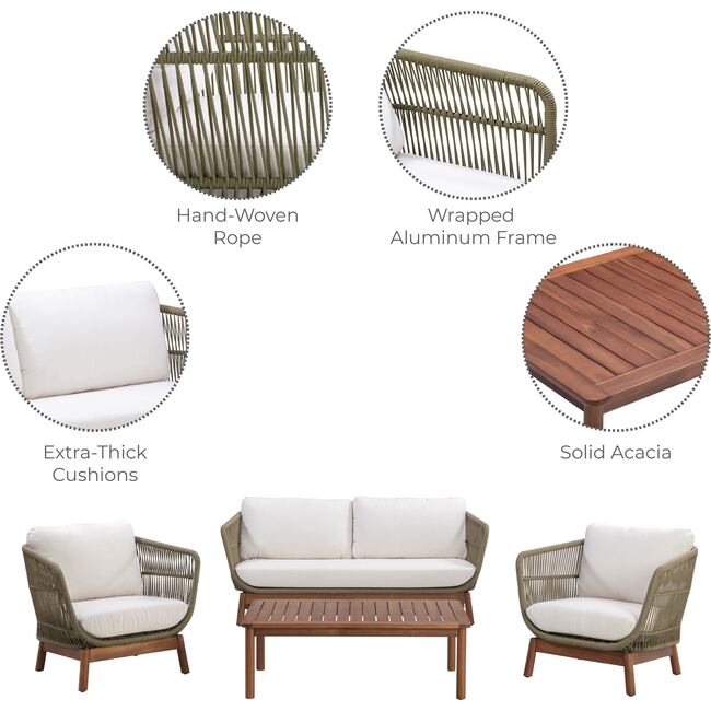 Teamson Home Outdoor Patio Sofa Set with Solid Acacia Base, Matching Table & Rope Accents - Outdoor Home - 3