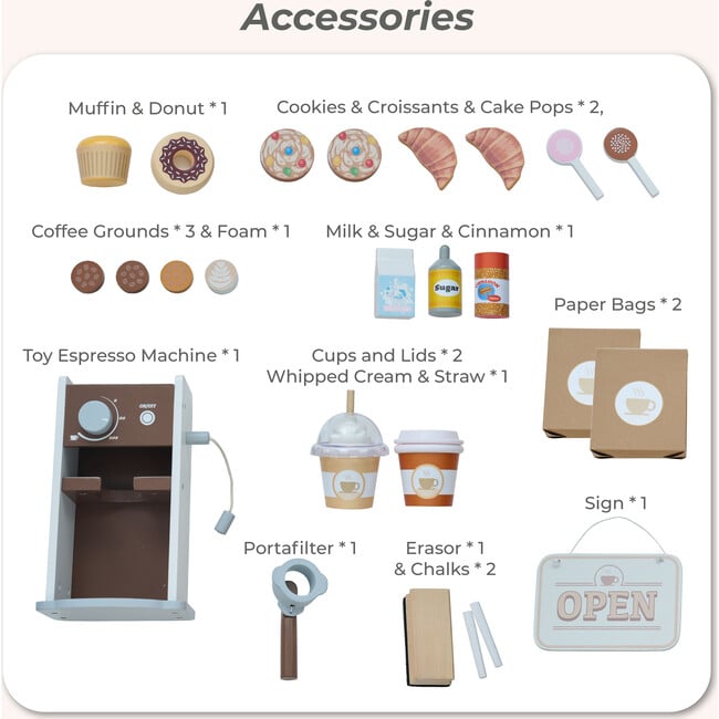 Teamson Kids Espresso Treats Wooden Coffee Stand with 29 Pcs Accessories - Play Kitchens - 6