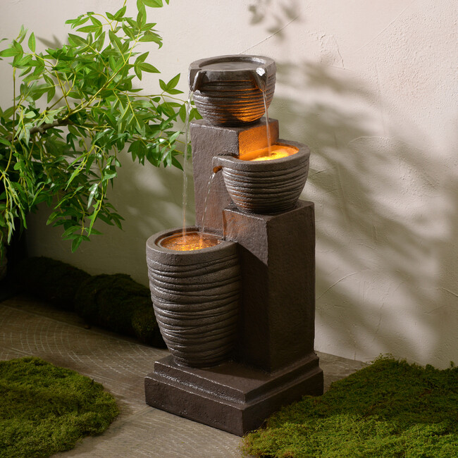 Teamson Home Horizontal Ribbed Pattern Outdoor Water Fountain with Warm Glow Lighting