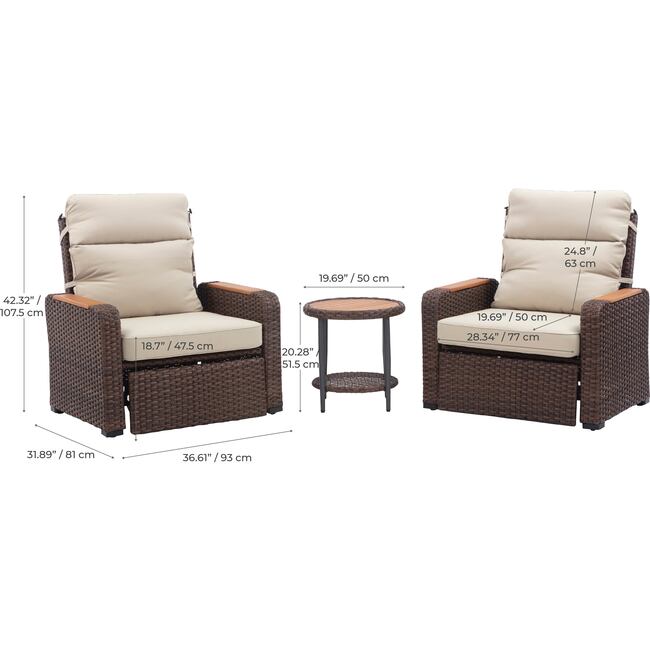 Teamson Home Outdoor Seating  Wicker Frame & Wood Armrests Recliner Set in Warm Brown - Outdoor Home - 6
