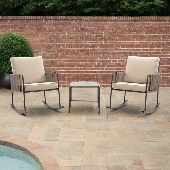 Teamson Home Steel Frame Rocking Chair Conversation Set with Rope Accent Outdoor Furniture - Outdoor Home - 7