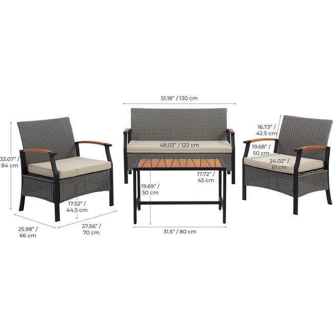 Teamson Home Wooden Armrests Outdoor Patio Furniture Conversation Set with Rattan Wicker Look - Outdoor Home - 6