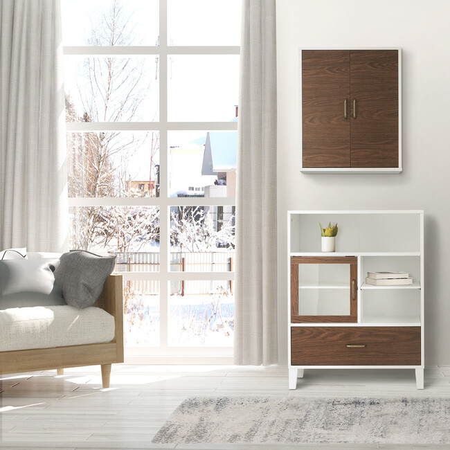 Tyler Modern Wooden Floor Storage Cabinet with Drawer for Bathrooms, Living Rooms, Hallways, Walnut/White, 13" x 26" x 34.17"