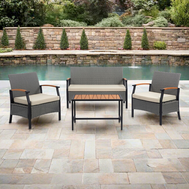 Teamson Home Wooden Armrests Outdoor Patio Furniture Conversation Set with Rattan Wicker Look - Outdoor Home - 7