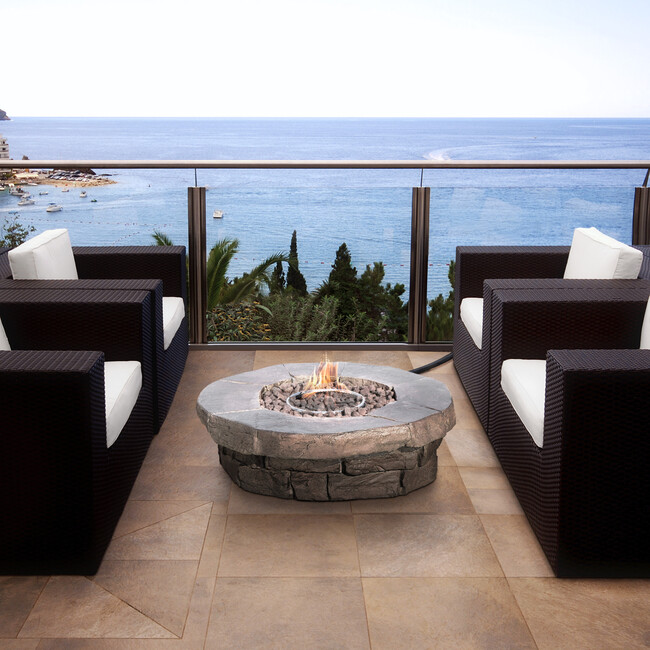 Outdoor Circular Stone-Look Propane Gas Fire Pit, Slate Gray