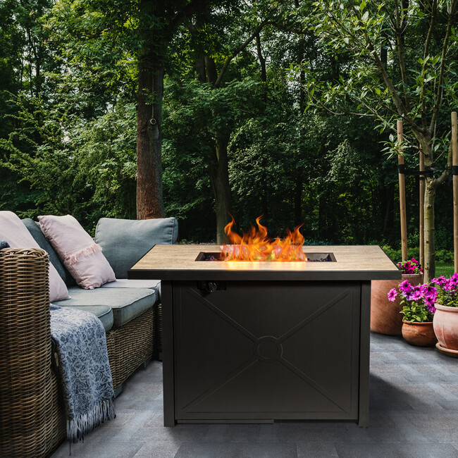 Outdoor Rectangular Propane Ceramic Gas Fire Pit with Steel Base, Black/Stone