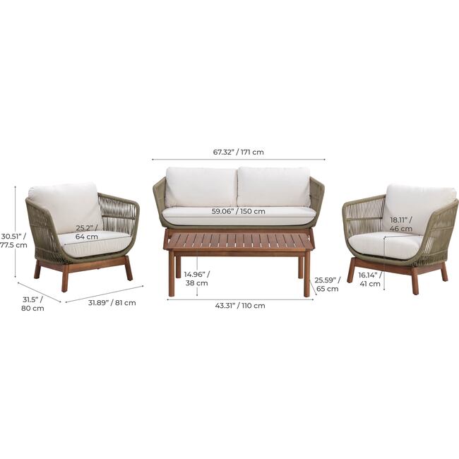Teamson Home Outdoor Patio Sofa Set with Solid Acacia Base, Matching Table & Rope Accents - Outdoor Home - 6