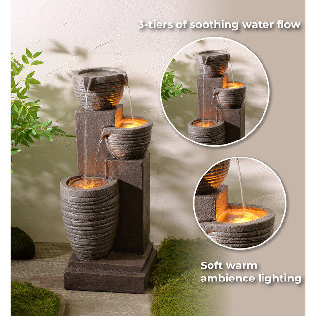 Teamson Home Horizontal Ribbed Pattern Outdoor Water Fountain with Warm Glow Lighting - Fountains - 5