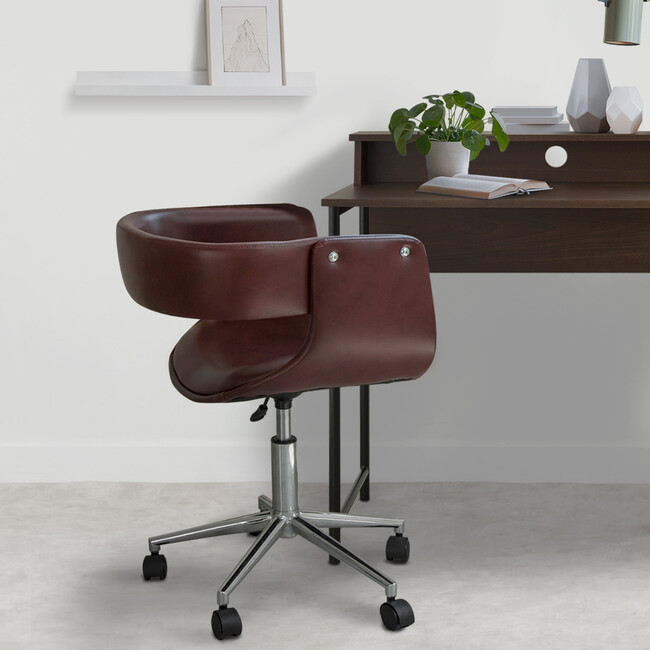 Modern PU Leather Office Chair with Adjustable-Height Ergonomic Mid-Back Seat, Swiveling Base, and Wheels, Brown/Chrome, 20" x 21.26" x 26.38"