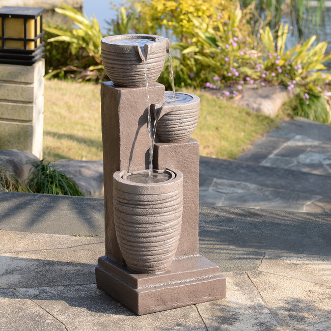 Teamson Home Horizontal Ribbed Pattern Outdoor Water Fountain with Warm Glow Lighting - Fountains - 6