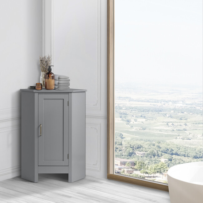 Mercer Mid Century Modern Wooden Wedge-Shaped Corner Floor Storage Cabinet for Bathrooms or Living Rooms, Gray, 17" x 23.6" x 32" - Cabinets - 2