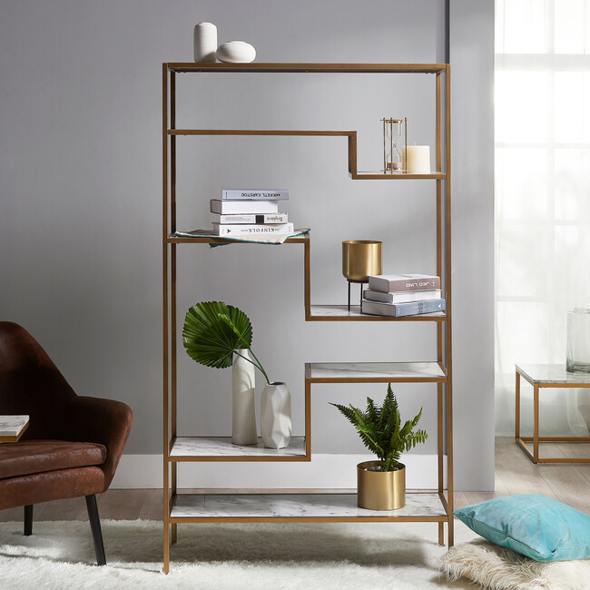 Marmo Modern Marble-Look 5-Tier Display Shelf, Marble/Brass