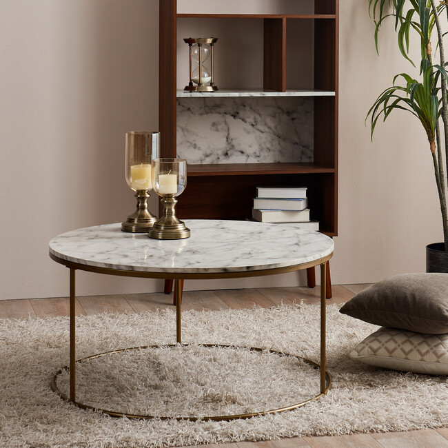 Marmo Modern Marble-Look Round Coffee Table, Marble/Brass