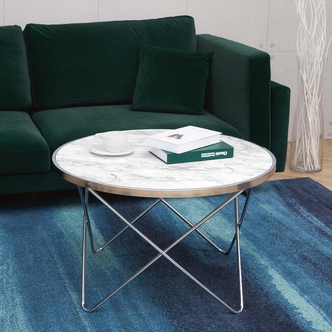 Margo Small 32 Inch Round Faux White Carrara Marble Coffee Table with Silver Metal Geometric Criss Cross Base and Legs, White