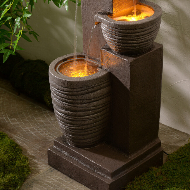 Teamson Home Horizontal Ribbed Pattern Outdoor Water Fountain with Warm Glow Lighting - Fountains - 7