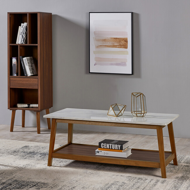 Kingston Wooden Coffee Table with Storage and Marble-Look Top, Marble/Walnut