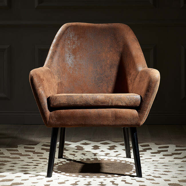 Divano Armchair with Aged Fabric and Solid Wood Legs, Brown