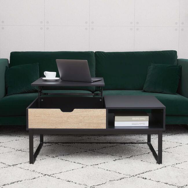 Bryson Two-Tone Natural Wood Grain Color with Manual Lift and Lower Top Coffee Table Desk with Open Storage and Metal Legs, Black/Tan