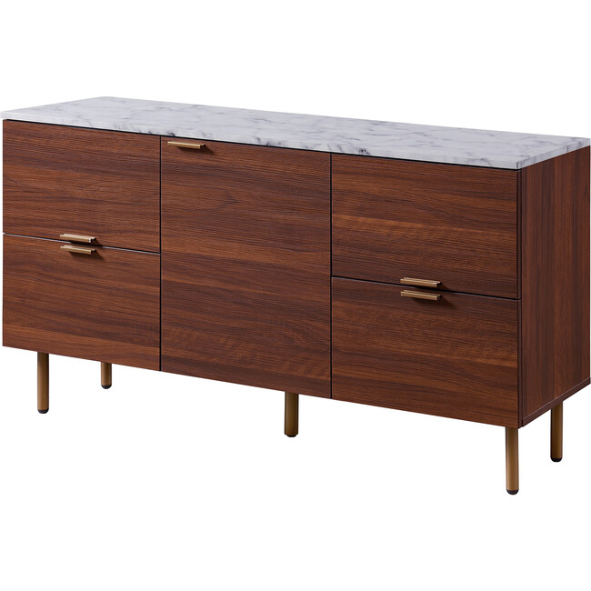 Ashton Wooden Sideboard Storage Cabinet with Faux Marble Top, White/Walnut