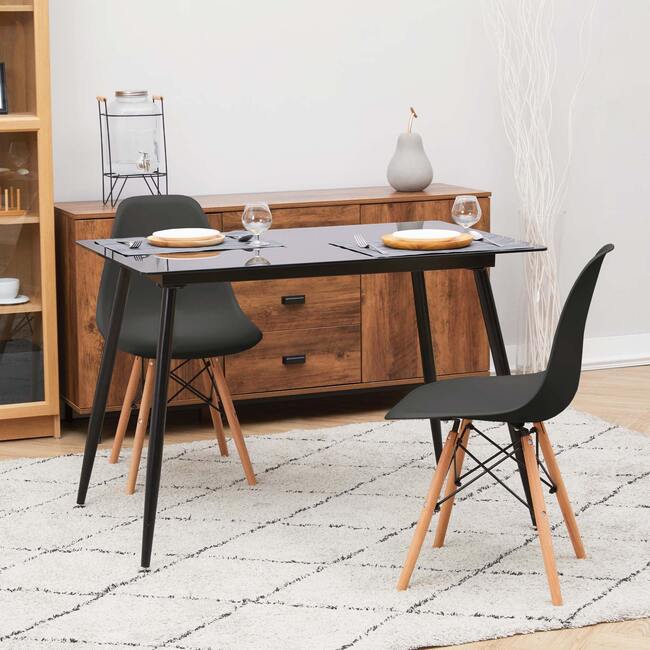 Allan Plastic Side Dining Chair with Wooden Legs Set of 2, Black