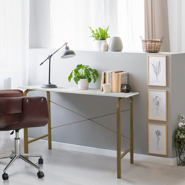 40" Home Office Computer Desk with Metal Base, Faux Marble/Brass