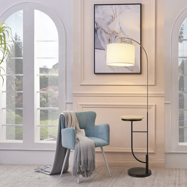 Danna Arc Floor Lamp with USB Port, Wood Table, Marble Base and White Shade
