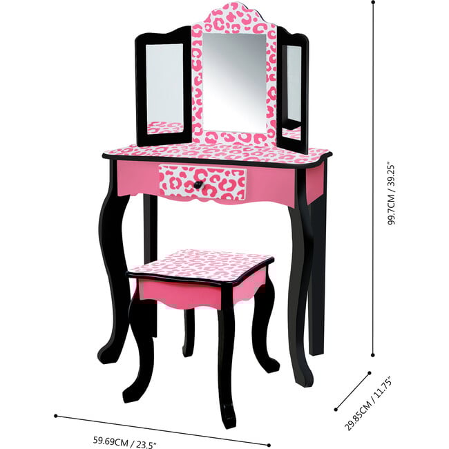 Teamson Kids Wooden Leopard 2-pc. Vanity Set, Black/Pink - Play Vanities - 3