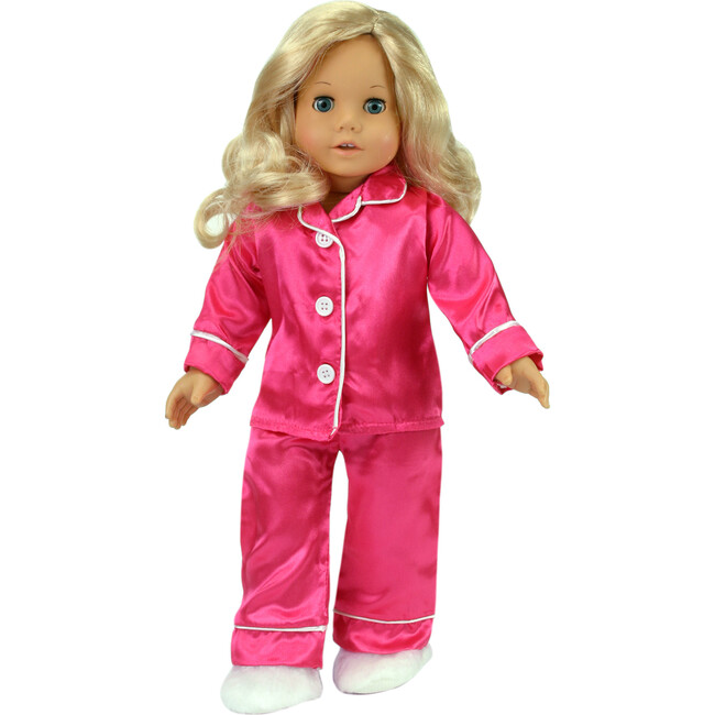 18" Doll Satin Pajamas & Slippers, Hot Pink