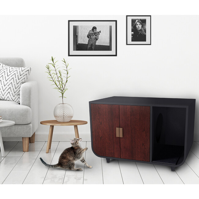 Dyad Large Mid Century Wooden Cat Litter Box Cabinet and Side Table, Mocha Walnut - Pet Crates & Kennels - 5