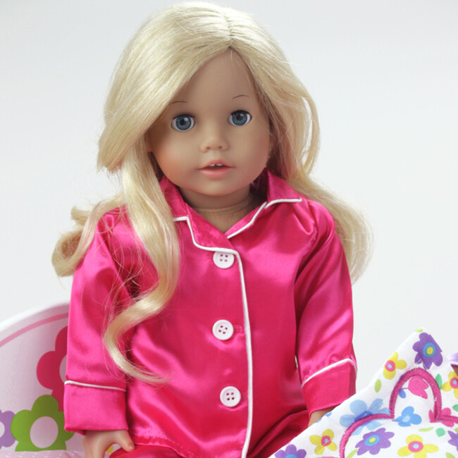 18" Doll Satin Pajamas & Slippers, Hot Pink
