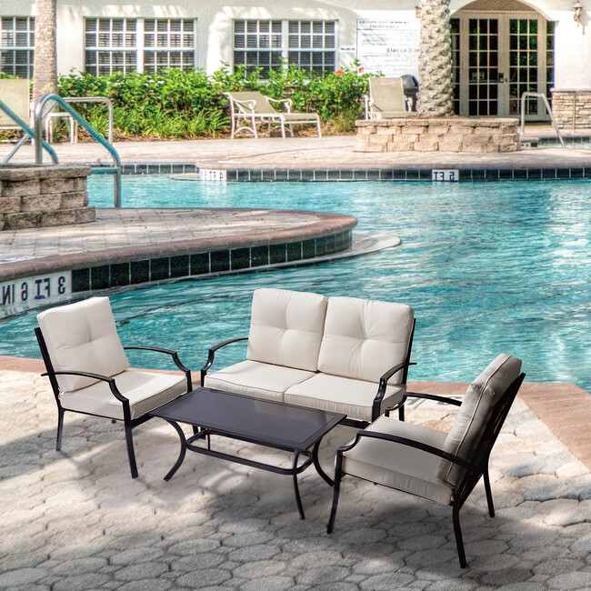 Outdoor 4-Piece Metal Patio Conversation Set with Cushions, Black/Beige - Accent Seating - 2
