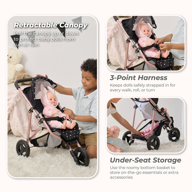 Olivia's Little World Pin Up Doll Jogging Stroller & Retractable Canopy, Black - Doll Accessories - 3