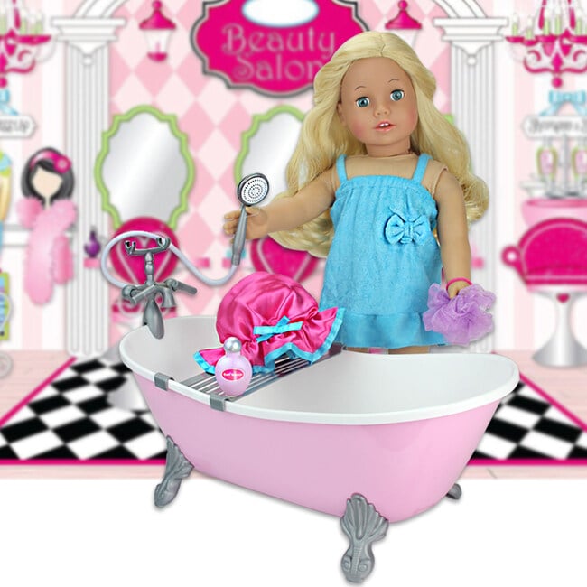 18'' Doll Light Pink Bath Tub with White Lining & Accessories, Light Pink and Blue - Doll Accessories - 5