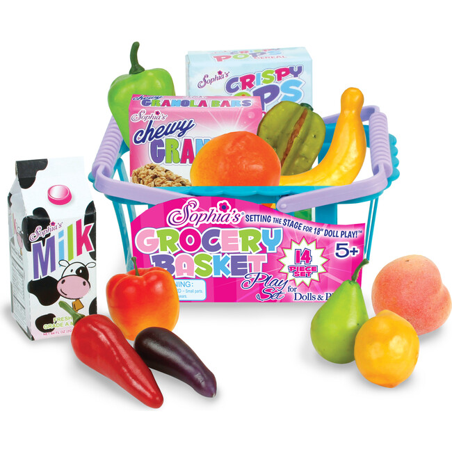 18" Doll Grocery Basket & Food Set,Teal