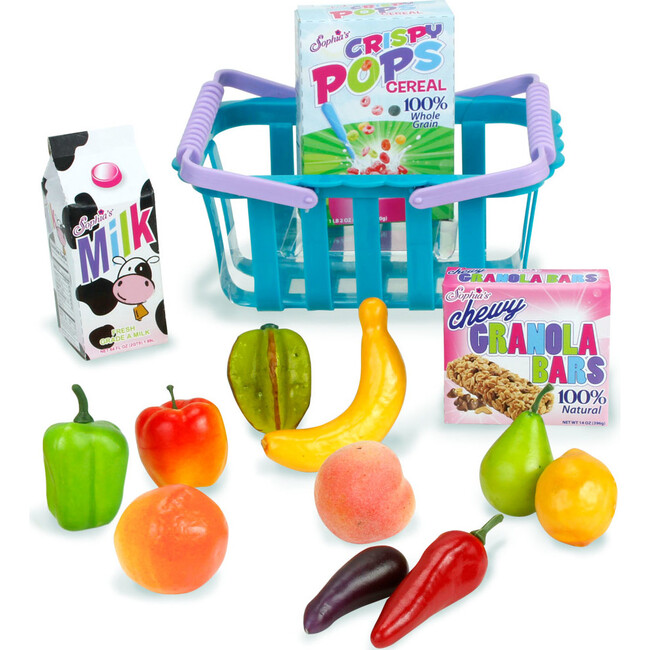 18" Doll Grocery Basket & Food Set,Teal
