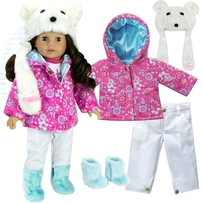 18" Doll - Print Parka, White Snowboard Pants, Aqua Fur Boots & Polar Bear Hat - Doll Accessories - 1