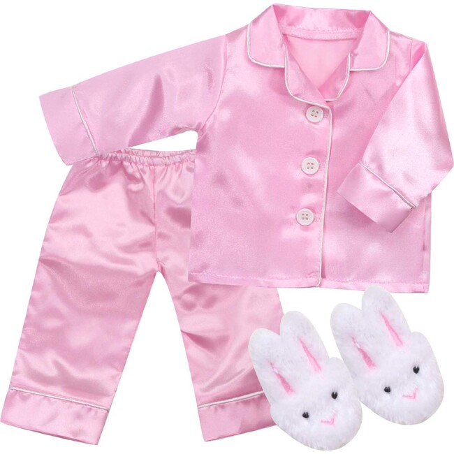 18" Doll, Satin Pajamas & Bunny Slippers - Light Pink - Doll Accessories - 1
