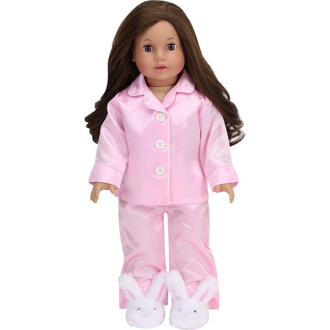 18" Doll, Satin Pajamas & Bunny Slippers - Light Pink - Doll Accessories - 2