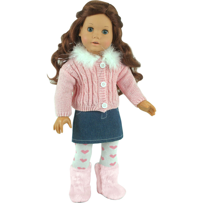 18" Doll Fur Trim Chenille Sweater, Denim Skirt, Heart Tights, Blue/Pink - Doll Accessories - 1