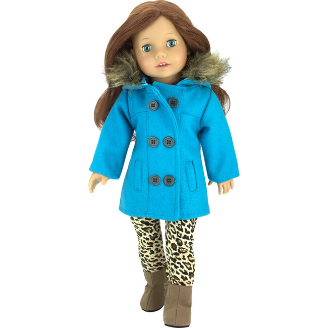 18" Doll, Turquoise Peacoat, Animal Print Leggings & Brown Ankle Boots