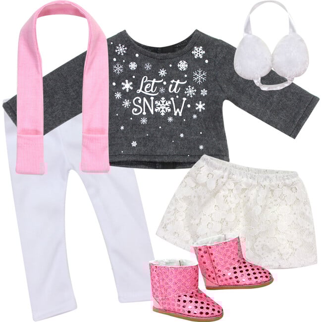 18" Doll "Let It Snow" Sweater, Lace Skirt, Leggings, Earmuffs, Pocket Scarf & Ewe Boots