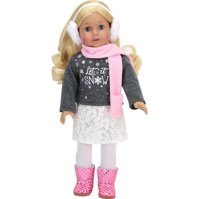 18" Doll "Let It Snow" Sweater, Lace Skirt, Leggings, Earmuffs, Pocket Scarf & Ewe Boots
