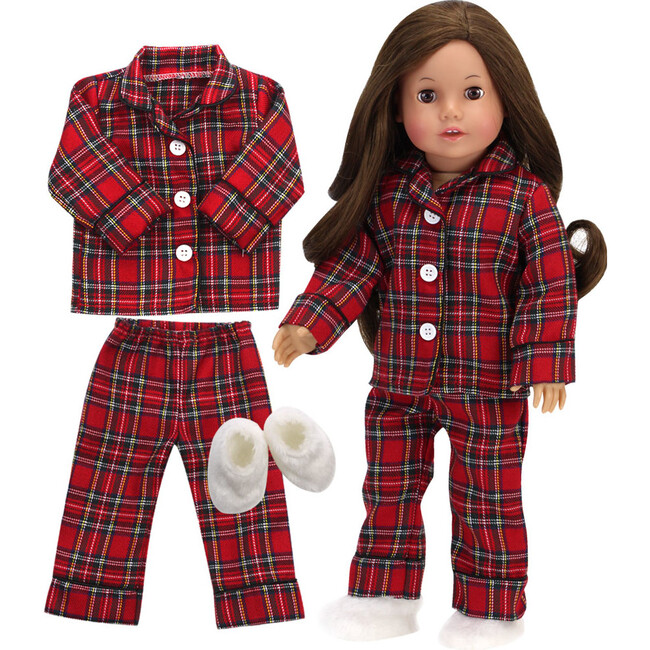 18'' Doll Flannel Pajama & Slippers Set, Red