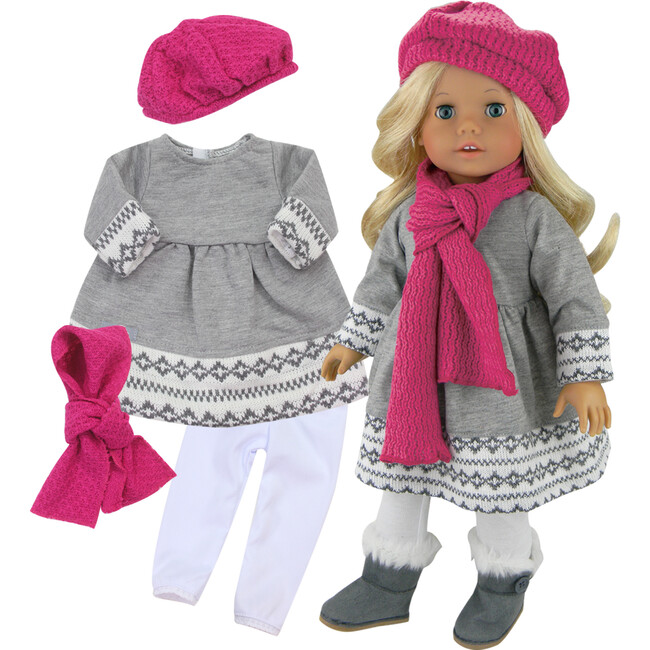18'' Doll Fair Isle Dress, Leggings, Hat & Scarf, Gray