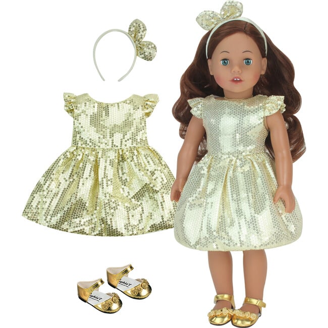 18" Doll, Sequin Holiday Dress & Headband & Ankle Strap Dress Shoes - Gold - Doll Accessories - 1