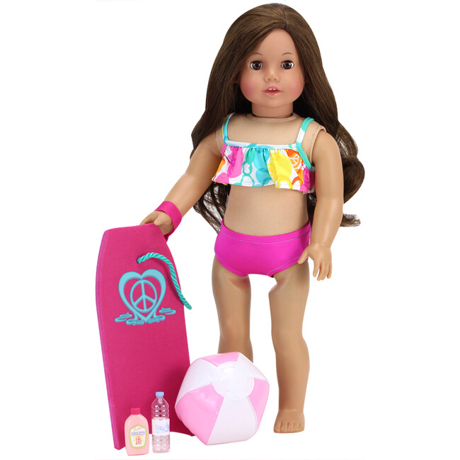 18'' Doll Bubble Bikini, Boogie Board, Beach Ball, Water & Suntan Lotion