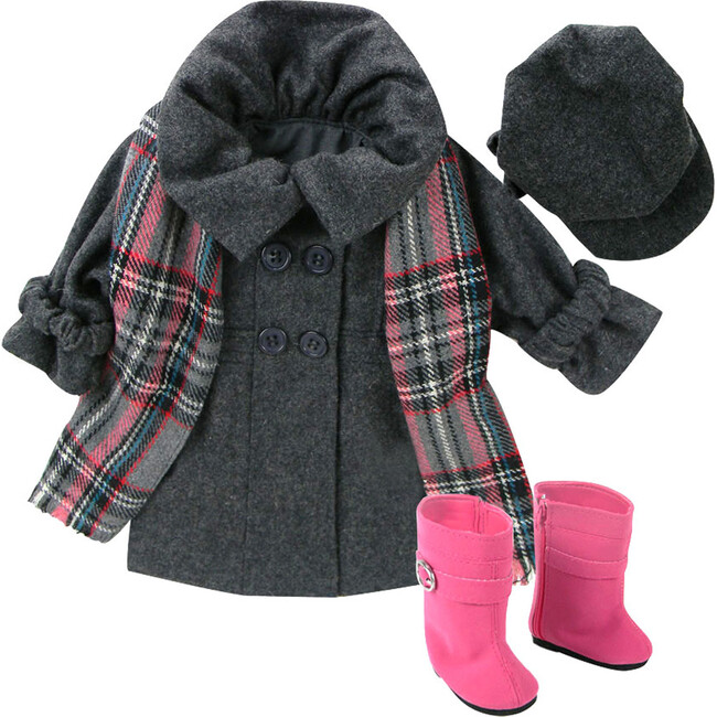 18" Doll Wool Coat, Hat, Plaid Scarf & Pink Boots, Gray - Doll Accessories - 1