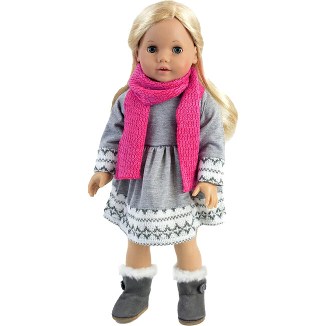 18'' Doll Fair Isle Dress, Leggings, Hat & Scarf, Gray